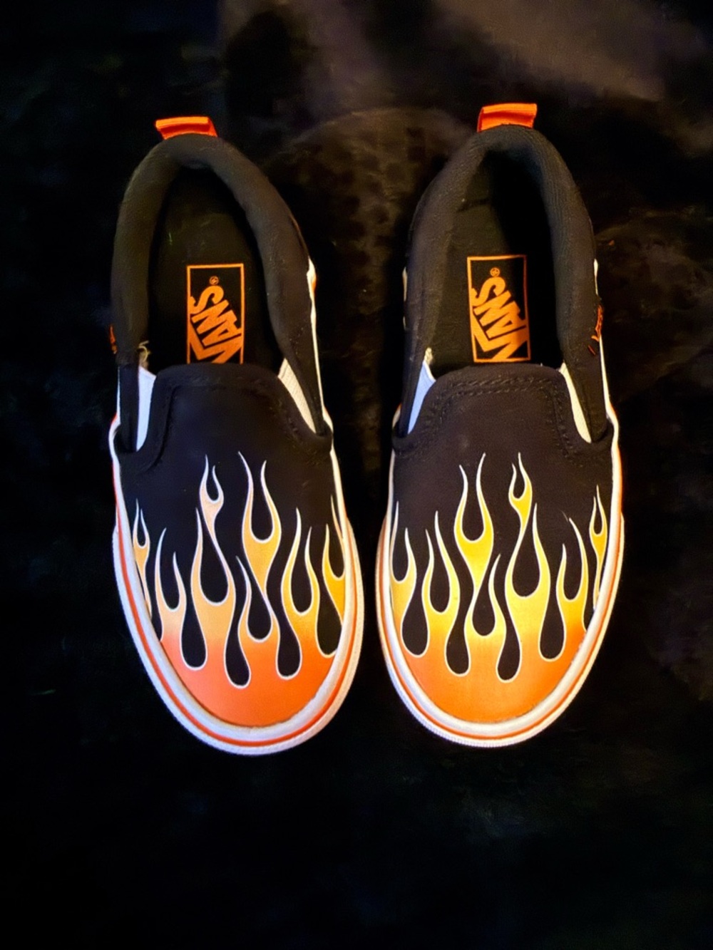 Vans Asher Black Slip-On Sneakers with Orange & Yellow Flame Design